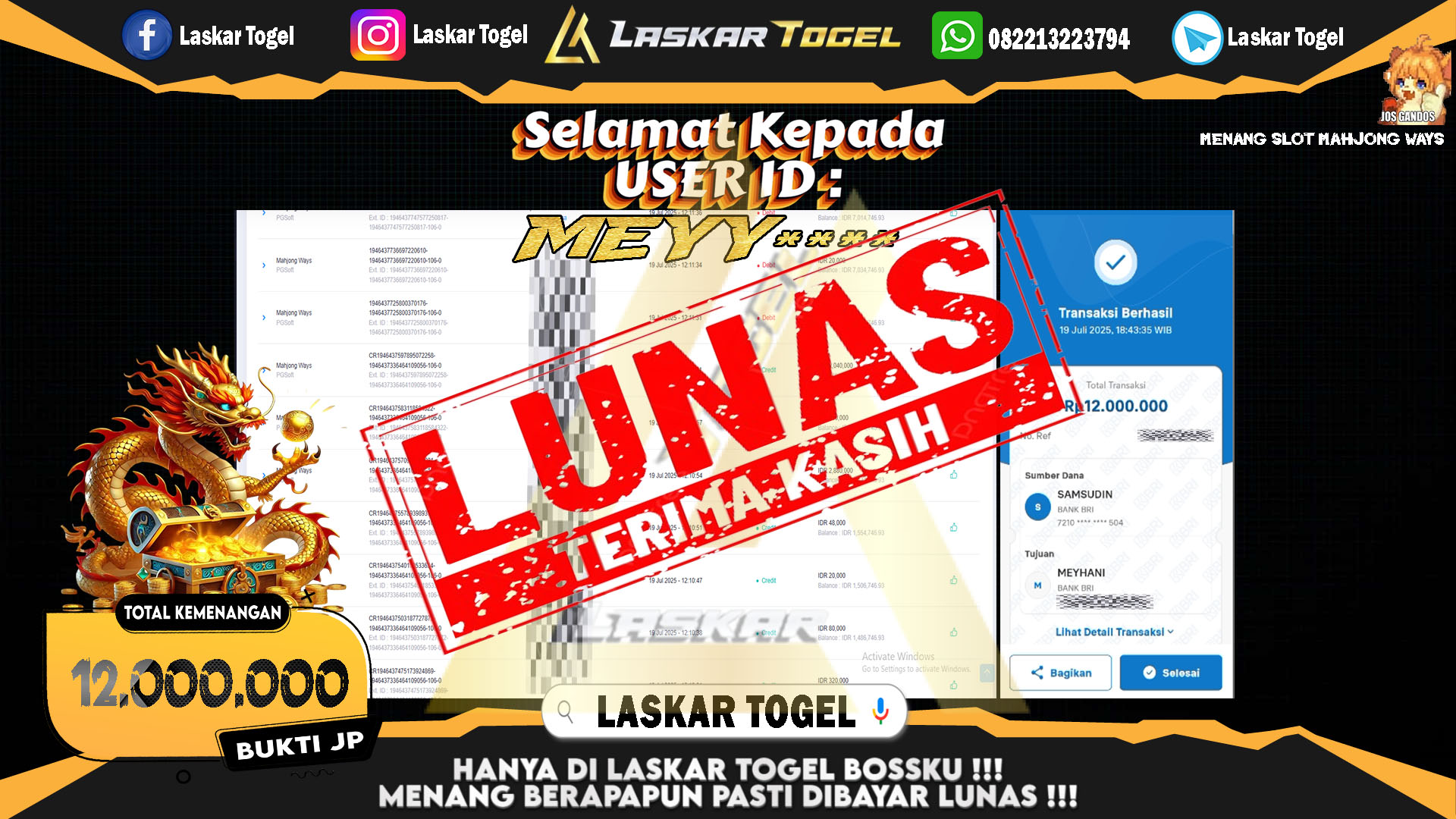 LASKARTOGEL JACKPOT SLOT MAHJONG WAYS Rp.12.000.000.,- LUNAS